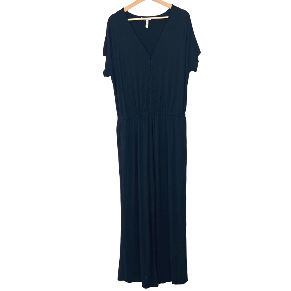 Matilda Jane‎ Womens XL Black V-Neck Button Front Wide Leg Jersey Jumpsuit
